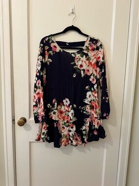 Altar'd State Navy Floral Tank with Coral and Green Blooms